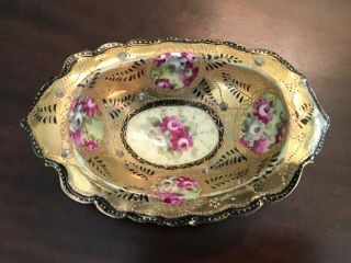 Antique Nippon Hand Painted Pink Rose & Gold Gilt Footed Bowl Circa 1891 - 1921