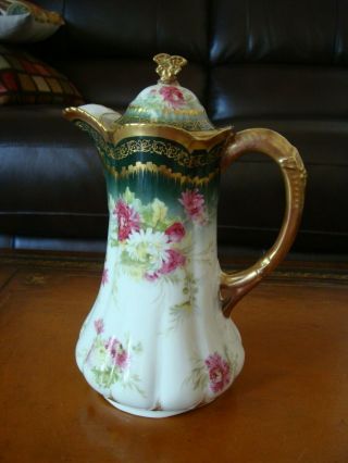 Antique Limoges Coronet Hand Painted Chocolate Coffee Tea Pot,  Heavy Gold,  10 "