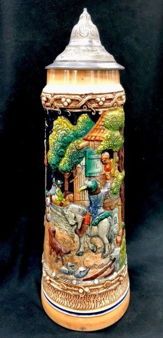 Antique S P Gerz German Beer Stein Titled Farewell Scene 2l Relief Pewter Lid