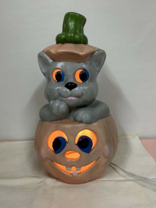 Vintage Ceramic Halloween Cat With Jack O Lantern Light Holiday Decor