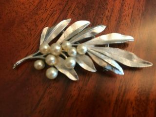 Vintage Crown Trifari Faux Pearl Brushed Silver Tone Leaf Brooch Pin