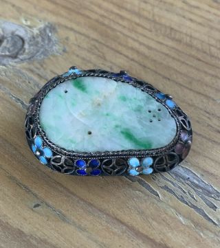 Antique Chinese Export Sterling Silver,  Enamel,  Carved Jade Stone Pin Brooch