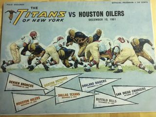 December 10,  1961 Houston Oilers@ York Titans Afl Football Program