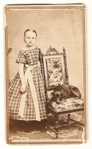 Young Lady With Her Loyal Black Hound Dog Vintage 1860 