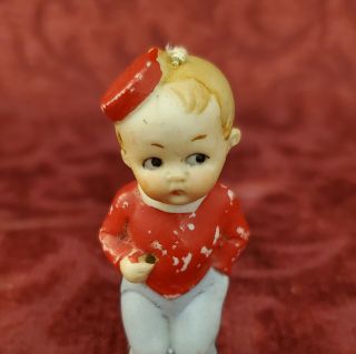 Vintage/antique All Bisque Nodder 3 Inch Boy In Red & Blue Miniature Unmarked