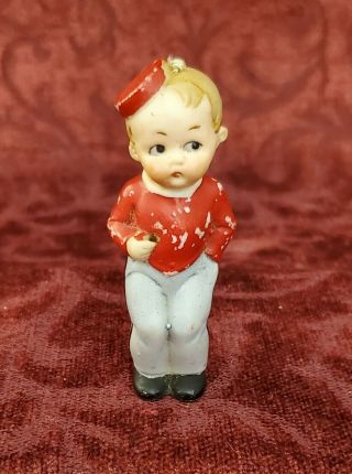 Vintage/Antique All Bisque Nodder 3 inch Boy In Red & Blue Miniature Unmarked 2
