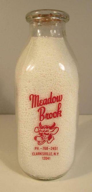 Vintage Meadow Brook Farms Dairy Quart Milk Bottle Clarksville Ny Cow