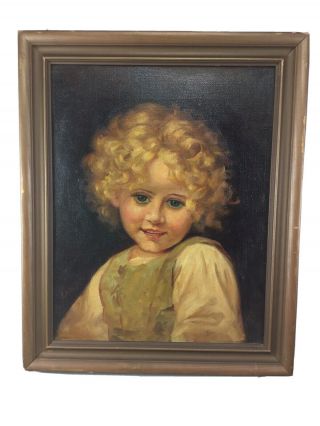 Antique 1920s American Portrait Oil Painting Young Girl - Curly Blond Hair