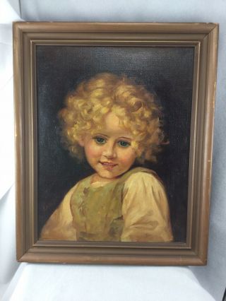 Antique 1920s American Portrait Oil Painting Young Girl - Curly Blond Hair 2