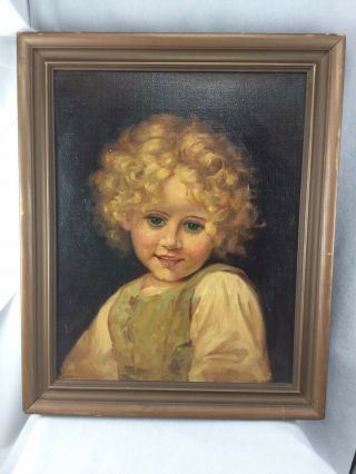 Antique 1920s American Portrait Oil Painting Young Girl - Curly Blond Hair 3