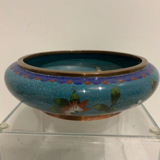 Antique Vintage Chinese Cloisonne Blue Enamel Brass Bowl With Flowers