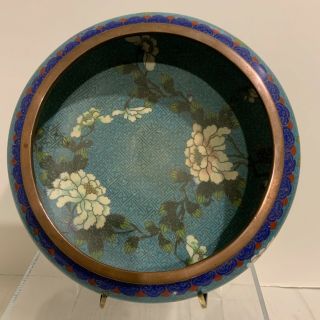 Antique Vintage Chinese Cloisonne Blue Enamel Brass Bowl With Flowers 2