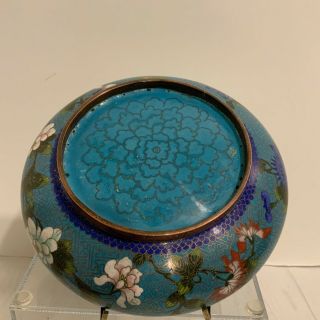 Antique Vintage Chinese Cloisonne Blue Enamel Brass Bowl With Flowers 3