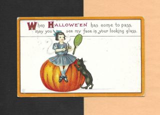 Girl On Pumpkin,  Superstition,  Black Cat On Vintage 1917 Halloween Postcard