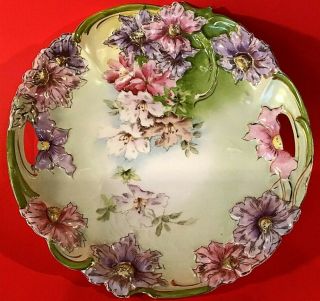 Antique R S Prussia Cake Plate Bowl Unmarked Raised Flowers Gold Gilt Handled