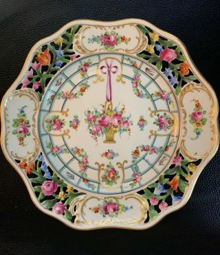 Antique Carl Thieme Dresden Reticulated Hand Painted Flowers & Birds Plate