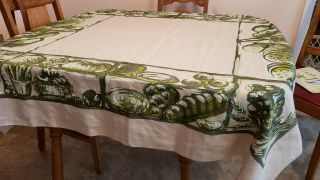 Vtg Retro Printed Linen Tablecloth 60 " X 50 " Greens & Tan Veggie / Fruit