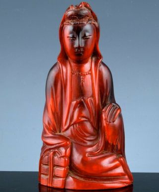 Old Chinese Carved Red Ox Horn Guanyin Buddha Figure Paperweight