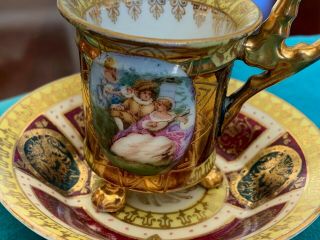 Antique Royal Vienna Hand Painted Gold Paw Foot Cup & Deep Saucer