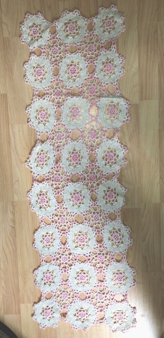 Pink & White Vintage Hand Crochet Lace Table Runner Dresser Scarf 42 X 12