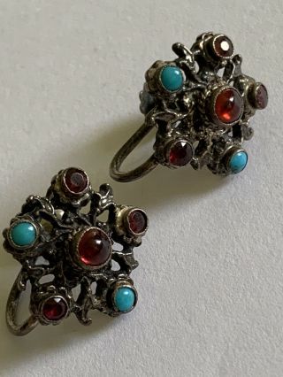 Pair Antique Austro Hungarian Sterling Silver Garnet & Turquoise Earrings
