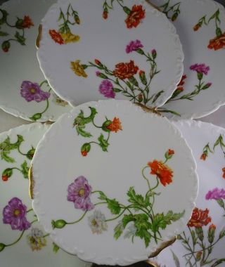 Six T & V Limoges Antique Porcelain Floral & Gold Plates Embossed Rims