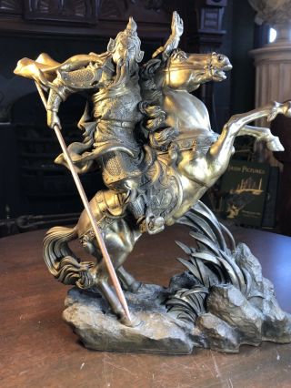 15 " Chinese Brass Copper Guangong Guan Yu Yunchang War God Ride Horse Sculpture