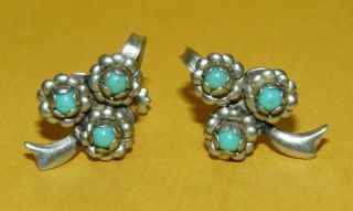 Vintage Mexico " 925 " Sterling Silver W/ Turquoise " Roses " Screw - Back Earrings