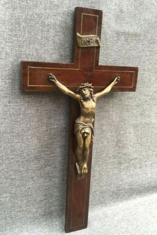 Antique French Crucifix Cross Regule Bronze Tone Wood Early 1900 Jesus Religious