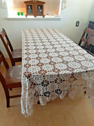 Antique Vintage Hand Crochet Lace Tablecloth Pinwheel Ecru 62 X 84 No Flaw
