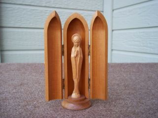 Vintage German Hand Carved Wood Virgin Mary/madonna Hinged Shrine 4 1/2 "