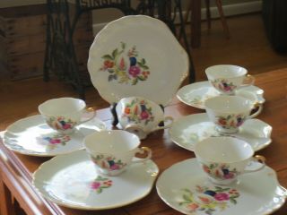 Vintage Lefton China Set Of 6 Tea Cups/6 Snack Plates Hand Painted Floral Design