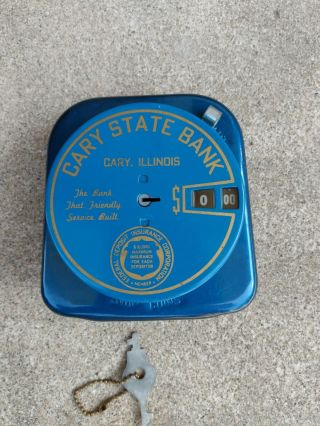 Vintage Coin Bank With Key,  Cary,  Illinois Pressed Steel U.  S.  A Add A Coin