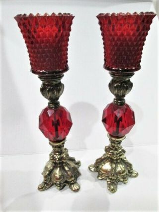 Vintage Elegant Brass & Ruby Red Candle Holders 11 " Diamond Point Glass Cups