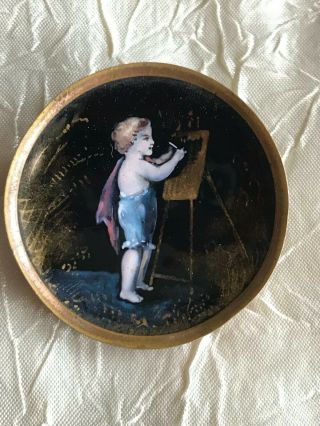Antique Brooch Hand Painted - Enamel - Young Boy Painting On A Canvas 1 1/2 "