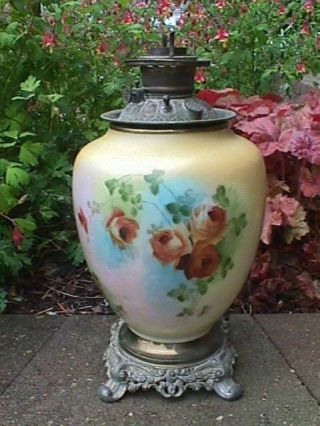 Large Oil Lamp Base Antique Gwtw Gone With The Wind Flowers Base Ornate Font (2)