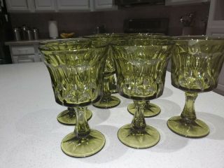 8 Indiana Glass Water Goblets Green Diamond Point ? Pedestal Footed Vintage 8 Oz