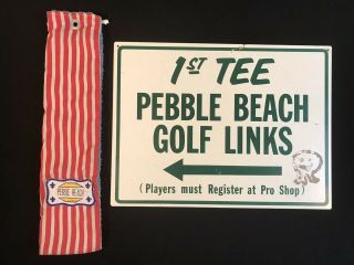Vintage 1st Tee Pebble Beach Golf Links Sign & Striped Towel Sammy Products