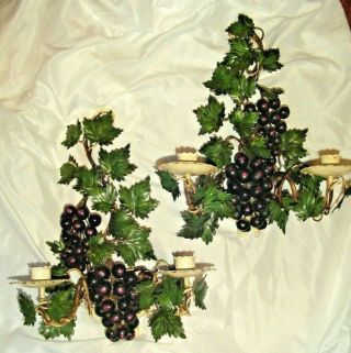 Vintage Italian Pair Hand Painted Tole Grapes Wall Sconce Candle Holders