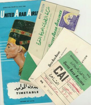 Egypt United Arab Airlines Timetable,  Passenger Ticket & Baggage Tag 1970
