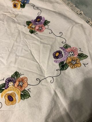 Vtg Handmade Embroidered Tablecloth Floral Crochet Edge 32”x35”