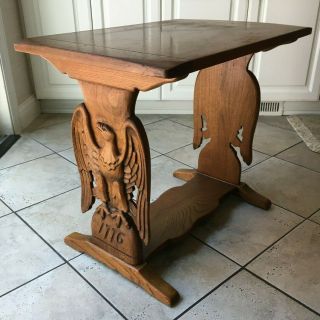 Vintage Wood Oak Side End Table Carved Eagle On Side Panels