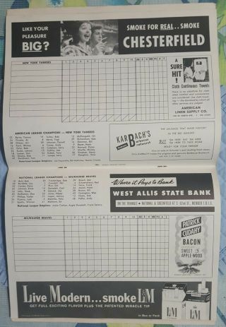 1957 World Series Program Milwaukee Braves vs NY Yankees UNSCORED 3