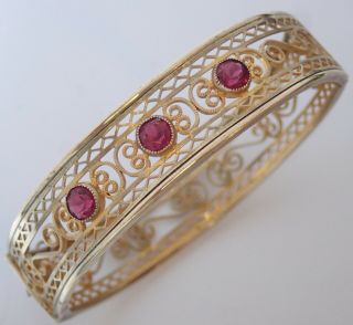 Antique Edwardian Art Deco Gold Gilt Filigree Ruby Paste Bracelet