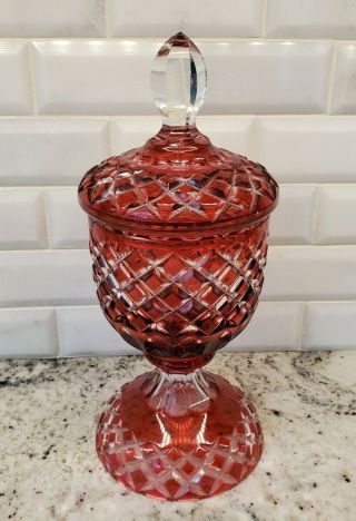 Vintage Cranberry Red Cut To Clear Crystal Glass Footed Jar/candy Dish W/ Lid