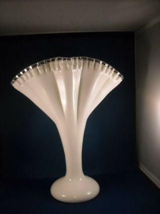 Vintage 12 1/2” Fenton Silver Crest Ruffled Top White Milk Glass Fan Vase