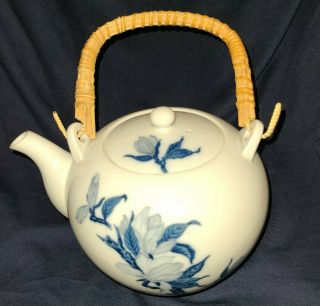 Vintage Omc Blue Flower Japanese Teapot With Bamboo Handle Made In Japan
