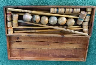 Vintage Antique Wooden Croquet Set In Wooden Box