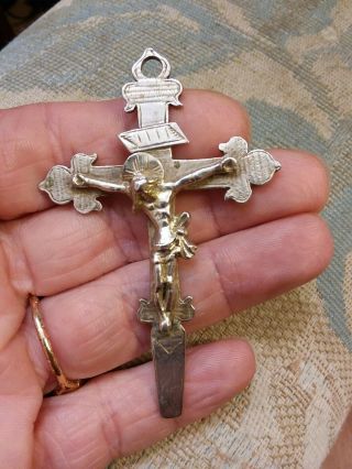 Large Engraved Antique Early 1800s Spanish Sterling 800 Silver Crucifix Pendant