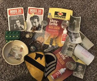 Vintage Junk Drawer.  Military Patches,  Photos,  Silver Solder,  Radio Programs,  Etc